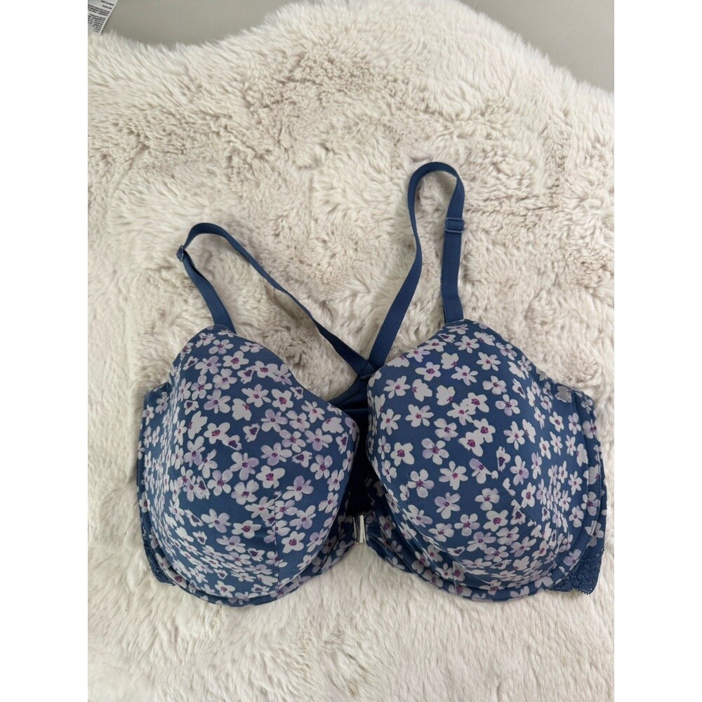 Adore Me Bra  36DDD Blue Floral Front Closure Lace Underwire Feminine